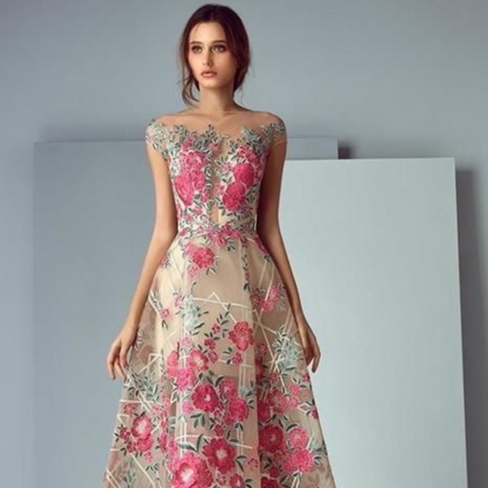 Saiid Kobeisy Illusion Rosette Embroidery High Low Gown - Picture 4 of 9